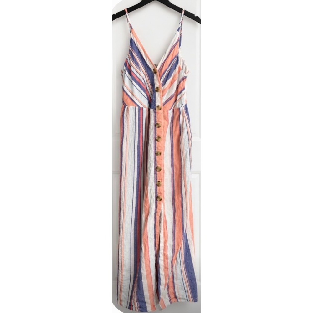 Sandy & Sid Women Striped Button Front Maxi Dress Blue Orange Cotton Linen L